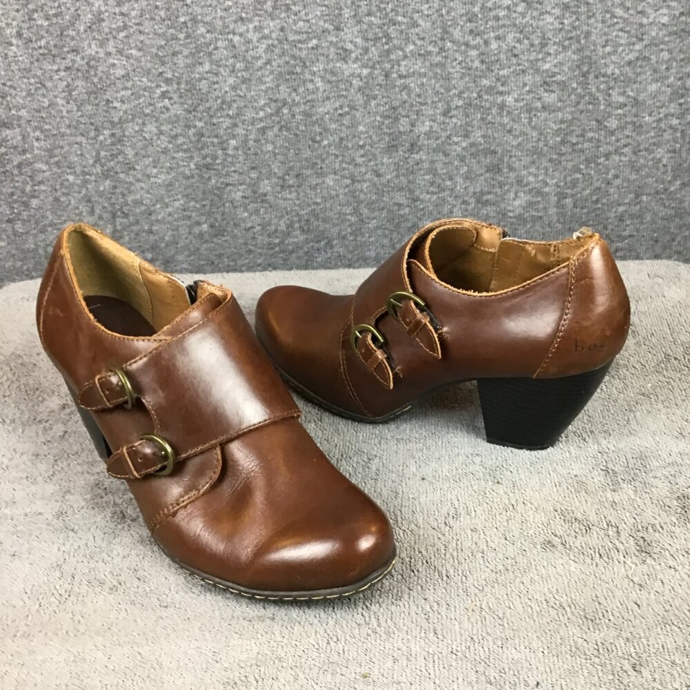 BOC Born Concepts Brown Leather Double Monk‎ Strap heels Chunky Booties sz 9